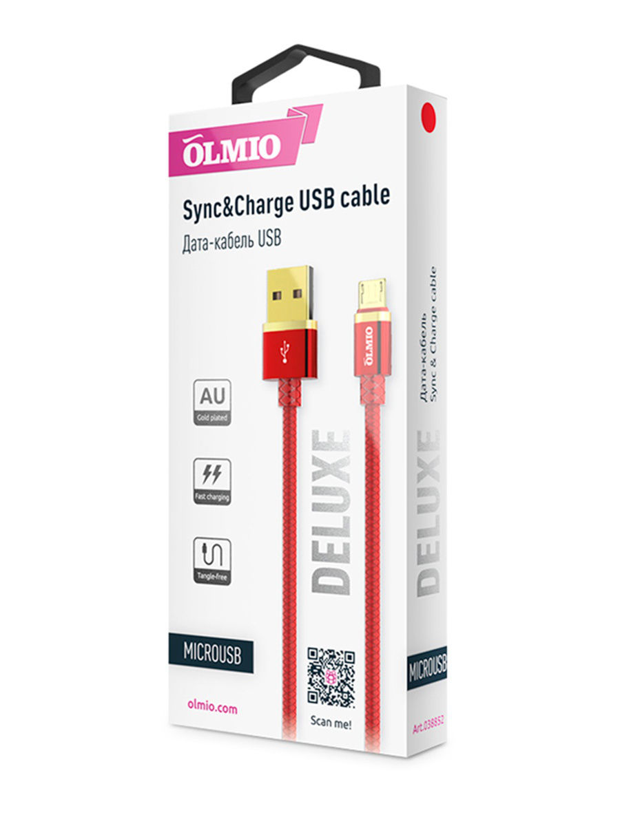 купить Кабель OLMIO DELUXE, USB 2.0 - microUSB, 1м, 2.1A, красный в Алматы