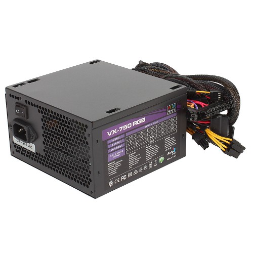 купить Блок питания, Aerocool, VX-750, 750W, ATX, APFC, 20 4 pin, 4 4pin, 6*Sata, 3*Molex, 1*FDD, 2*PCI-E 6 2 pin, Поддержка Haswell, Вентилятор 12 см, Кабель питания, Чёрный в Алматы