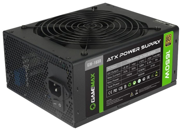 купить БП 1650W Gamemax GM-1650 14CM Сертификация 80PlusGold (Реальные 1350 Ват с розетки) Кабеля: 20+4P 4+4P ATX 5*IDE 7*SATA 8x2*PCI-E6+2P FAN14CM (Данный блок питания формата ATX, подходит в стандартные корпуса и серверные корпуса, также может работать с в Алматы