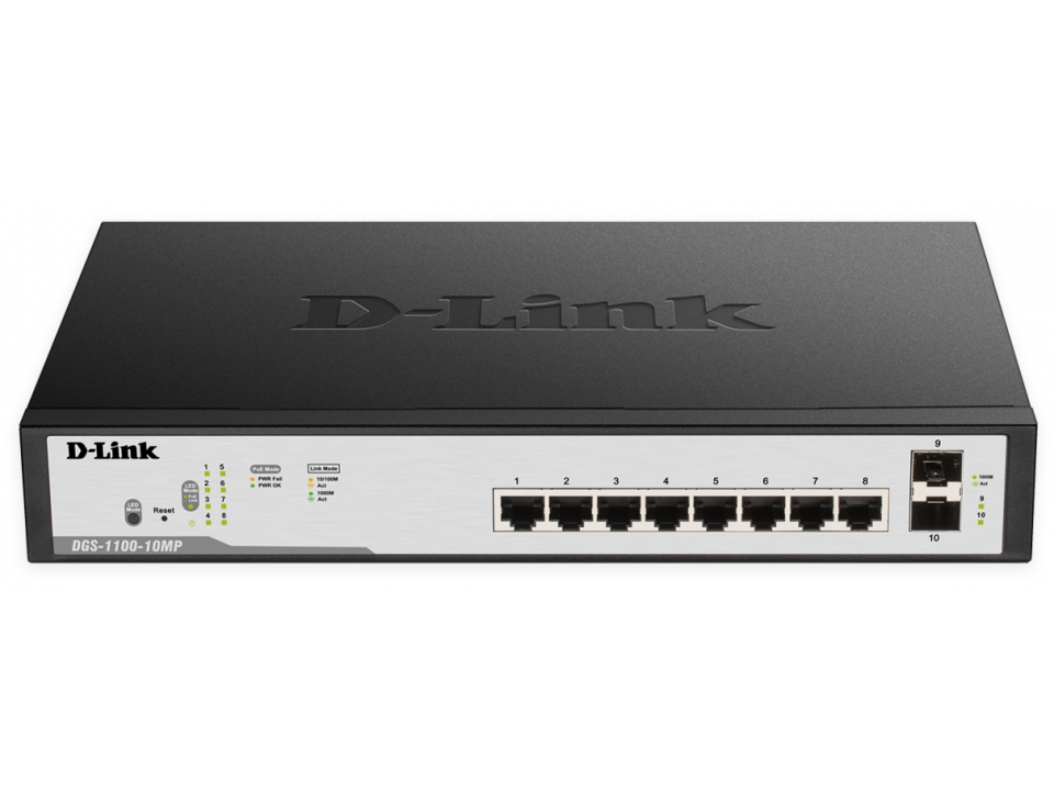 купить D-Link	Коммутатор	DGS-1100-10MP/B1A	Настраиваемый коммутатор EasySmart с 8 портами 10/100/1000Base-T и 2 портами 1000Base-X SFP (8 портов с поддержкой PoE 802.3af/802.3at (30 Вт), PoE-бюджет 130 Вт) в Алматы