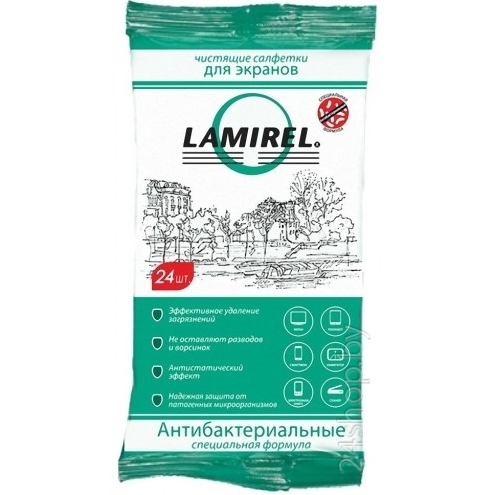 купить Антибактериальные чистящие салфетки Lamirel для экранов всех типов, 24 шт, еврослот, мягкая упаковка в Алматы