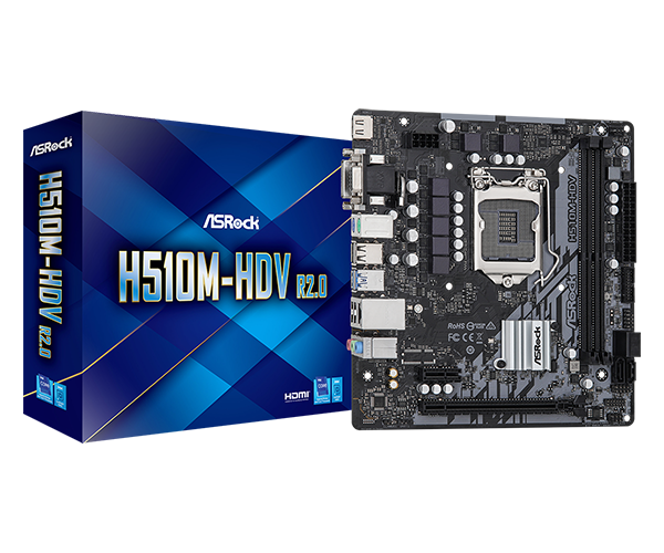 купить Материнская плата ASRock H510M-HDV R2.0 LGA1200 2xDDR4 4xSATA D-Sub HDMI DVI mATX в Алматы