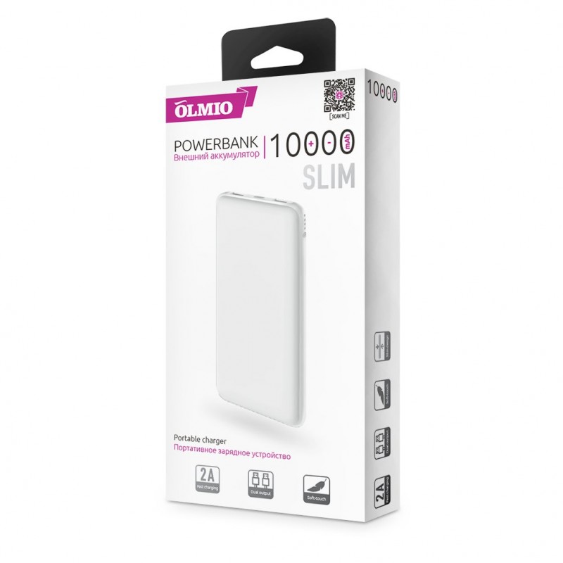 купить Зарядное устройство Power bank Olmio Slim 10000 mAh белый в Алматы