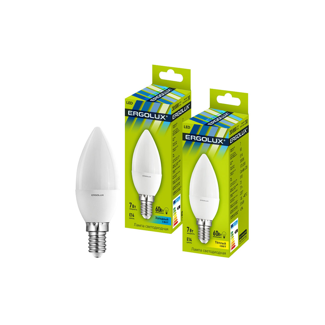 купить Эл. лампа светодиодная, Ergolux, LED-C35-7W-E14-3K, Свеча, Мощность 7Вт, Тип колбы C35, Цвет. температура 3000К, Цоколь E14, Тёплый в Алматы