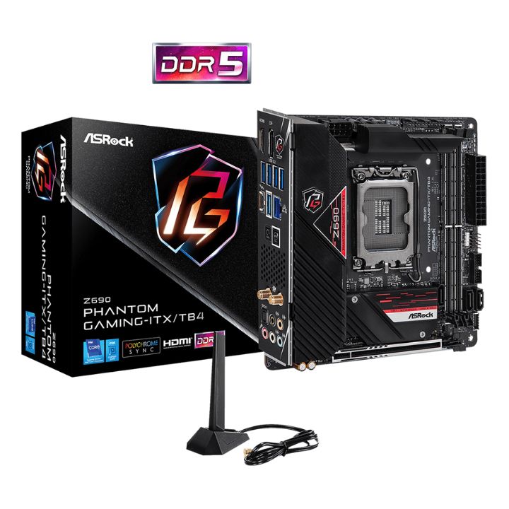 купить Материнская плата ASRock Z690 PHANTOM GAMING-ITX/TB4 LGA1700 4xDDR5 3xSATA RAID 2xM.2 HDMI DP mITX в Алматы
