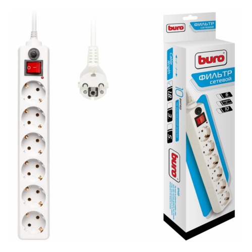купить Сетевой фильтр Buro 600SH-1.8-W 1.8м 10A/2.2кВт (6 розеток) белый (коробка) в Алматы