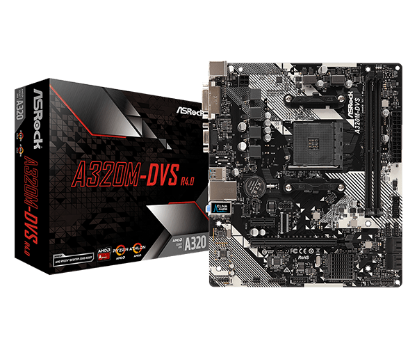 купить Материнская плата, ASRock, A320M-DVS R4.0 (4717677337655), AM4, B350, 2xDDR4 2667, 4xSATA3, 1xDVI-D, 1xD-Sub, 1xPCI-Ex16, 1xPCI-Ex1, mATX в Алматы