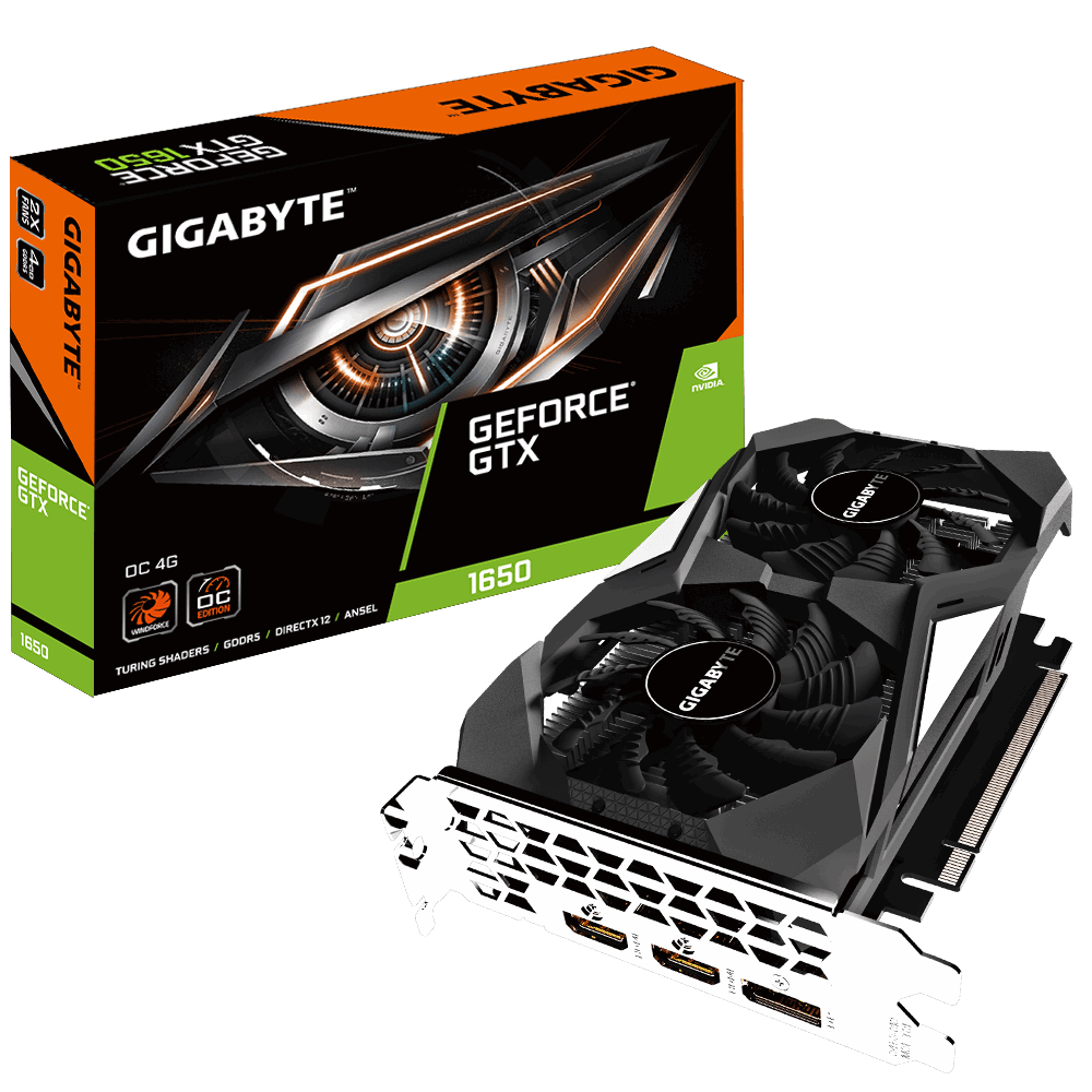 купить Видеокарта, Gigabyte, GTX1650 OC 4G (GV-N1650OC-4GD), GDDR5, 128bit, HDMI, DP, Windforce 2X Fan, Цветная коробка в Алматы