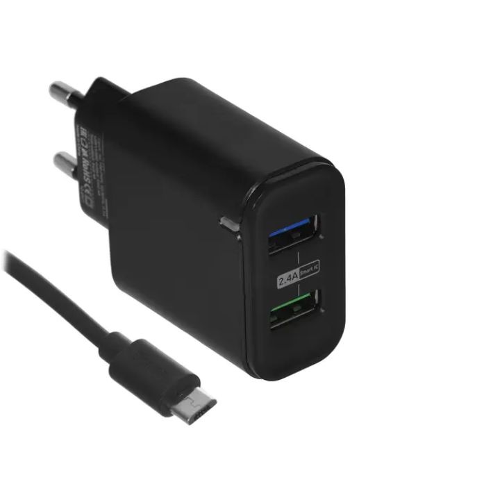 купить Зарядное устройство сетевое Olmio USB, 2.4A, Smart IC + MicroUSB кабель в комплекте, черный в Алматы