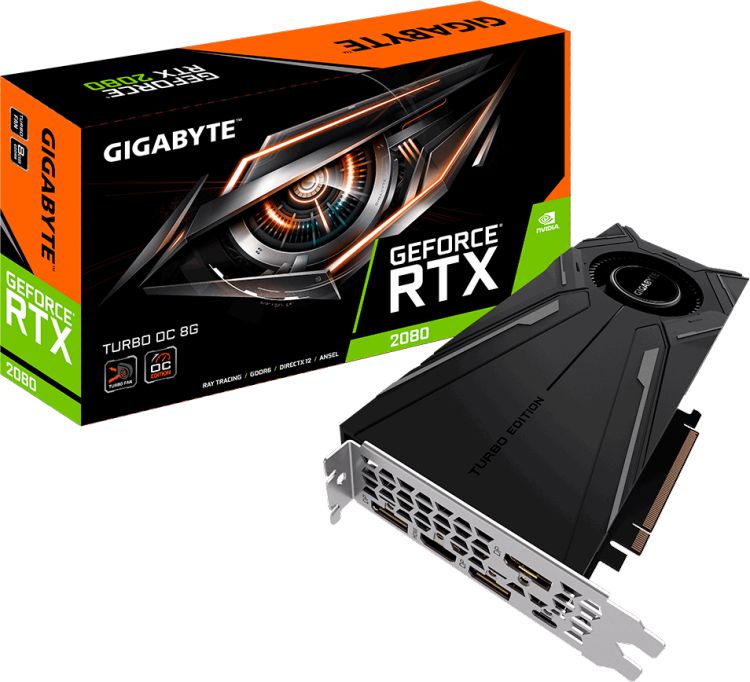 купить Видеокарта, Gigabyte, RTX2080 TURBO OC 8G (GV-N2080TURBO OC-8GC) 4719331303679, GDDR6, 256bit, USB-C, HDMI, 3-DP, Turbo Fan, Цветная коробка в Алматы
