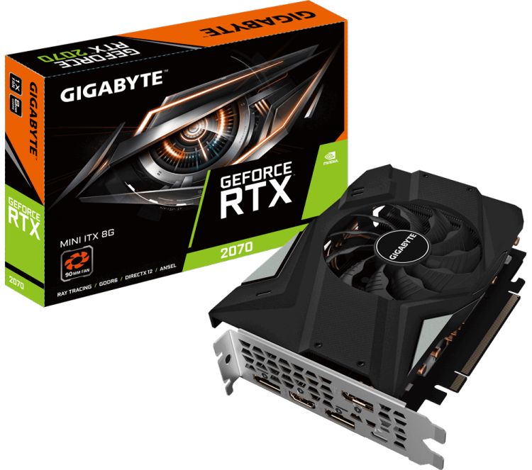 купить Видеокарта Gigabyte RTX 2070, GV-N2070IX-8GC, 8GB GDDR6 256bit, SFF, 3xDP, HDMI BOX в Алматы