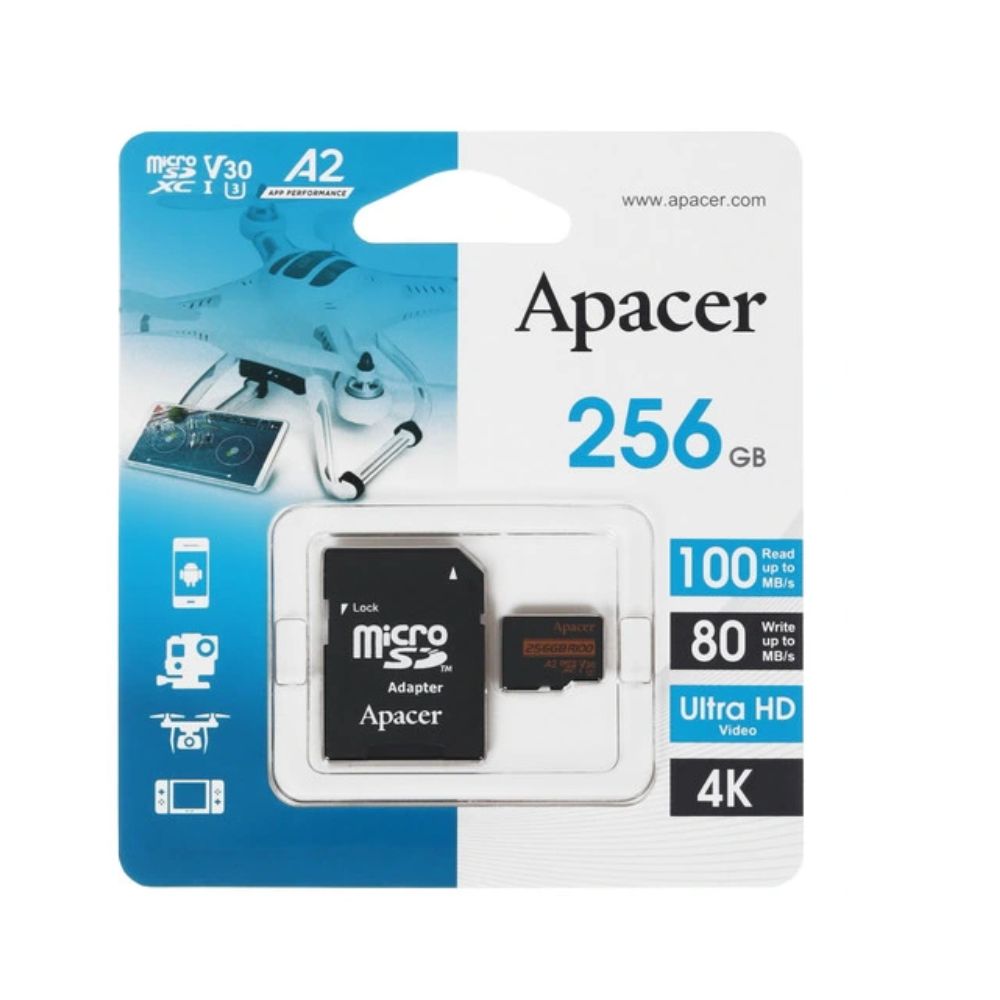 купить Карта памяти Micro SDXC 256GB Apacer, Class 10, UHS-I U3, V30, A2, адаптер, 100/80 Мбайт/с  AP256GMCSX10U8-R в Алматы