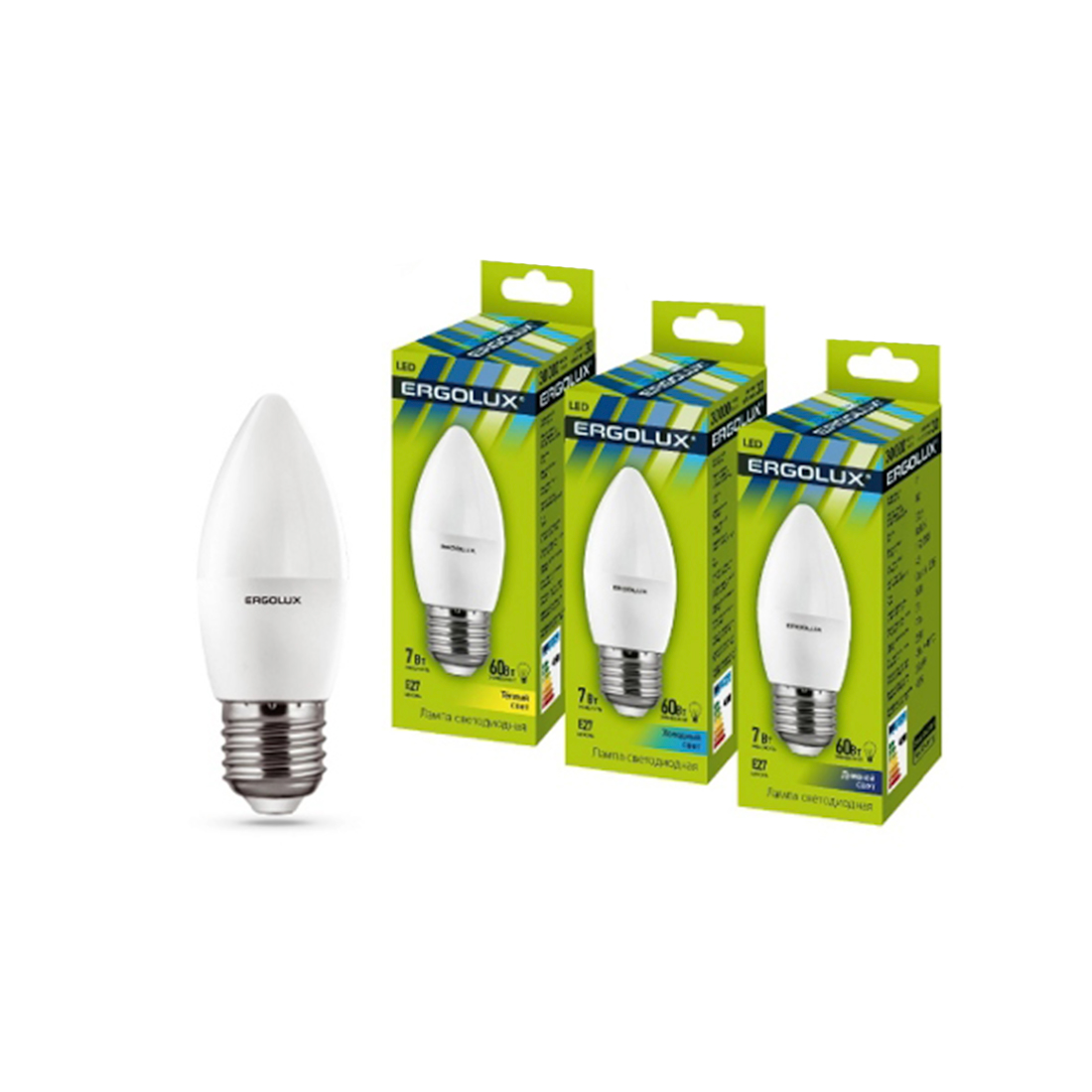 купить Эл. лампа светодиодная, Ergolux, LED-C35-7W-E27-3K, Свеча, Мощность 7Вт, Тип колбы C35, Цвет. температура 3000К, Цоколь E27, Тёплый в Алматы