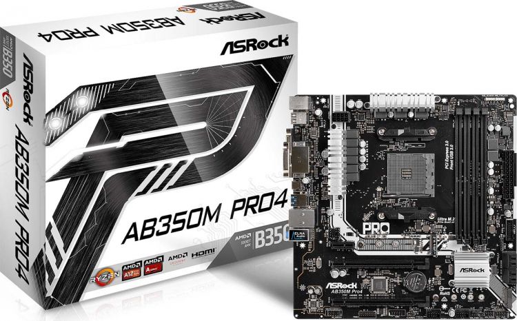 купить Материнская плата ASRock AB350M PRO4 R2.0, AM4, 4xDDR4 (3200+ OC), 4xSATA3.0 Support RAID, 1xUM.2, 1xM.2, 1xPCI-E3.0x16, 1xPCI-E2.0x16, 1xPCI-E2.0x1, 1xD-Sub, 1xDVI, 1xHDMI, 2xUSB2.0, 5xUSB3.1, 1xRG45, 2xPS2, mATX в Алматы
