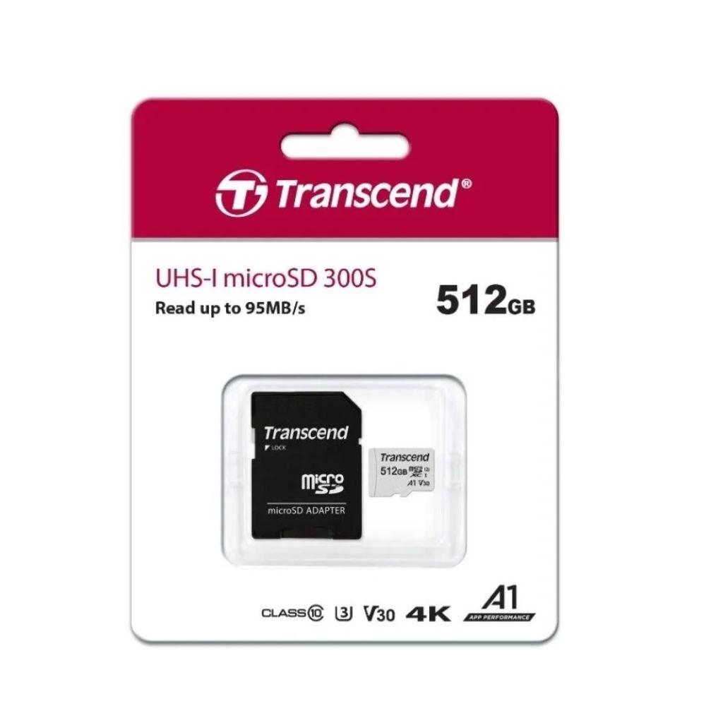 купить Карта памяти Micro SDXC 512GB Transcend, Class 10 U3 A1, адаптер, 100/85 МБайт/с TS512GUSD300S-A в Алматы