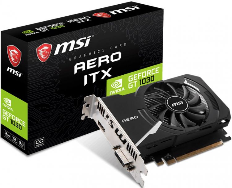 купить Видеокарта MSI GeForce GT 1030 AERO ITX 2GD4 OC, 2Gb/64bit, DDR4, VGA, HDMI 2.0 BOX в Алматы