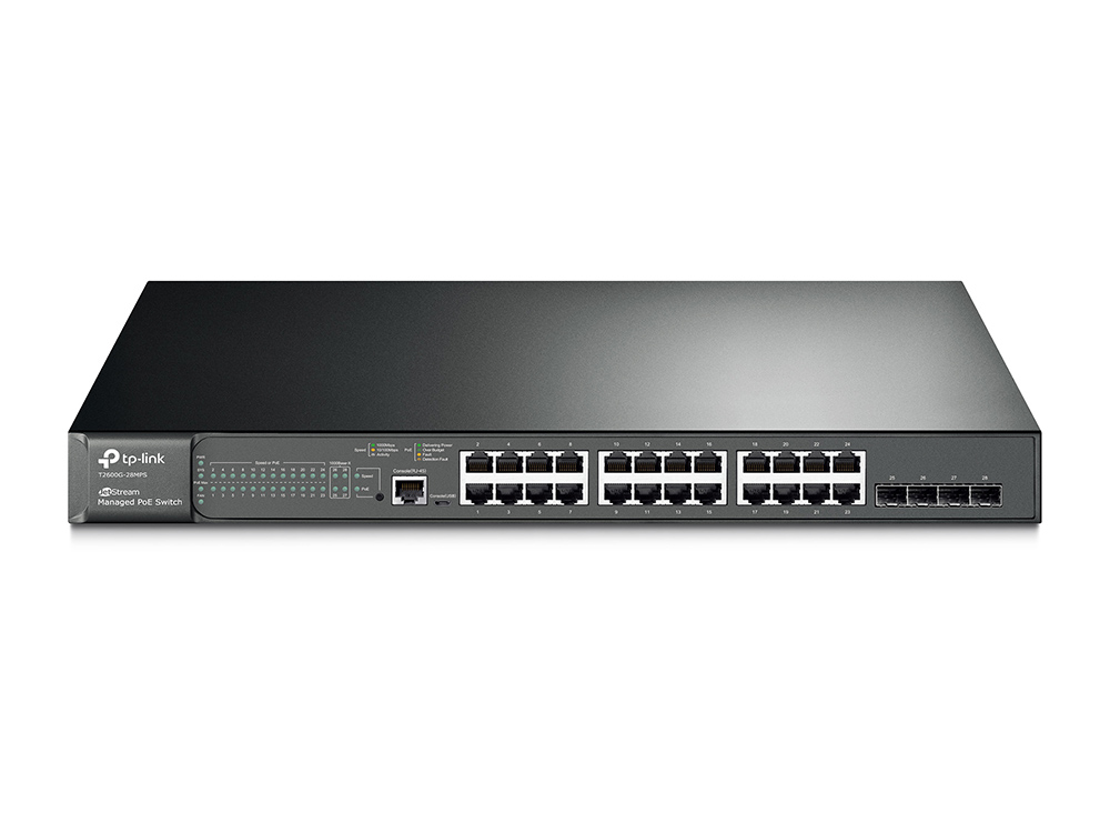 купить Коммутатор, TP-Link, T2600G-28MPS,19-дюймовый стоечный, 24 порта 10/100/1000M   4 SFP, Управляемый (L2), PoE, Корпус металл, 1U в Алматы