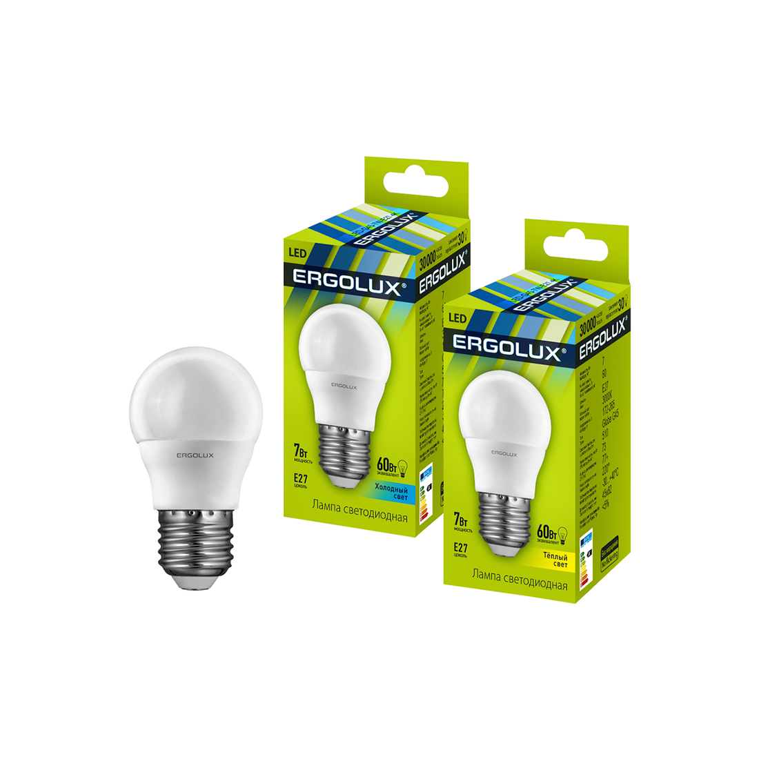 купить Эл. лампа светодиодная, Ergolux, LED-G45-7W-E27-3K, Шар, Мощность 7Вт, Тип колбы G45, Цвет. температура 3000К, Цоколь E27, Тёплый в Алматы