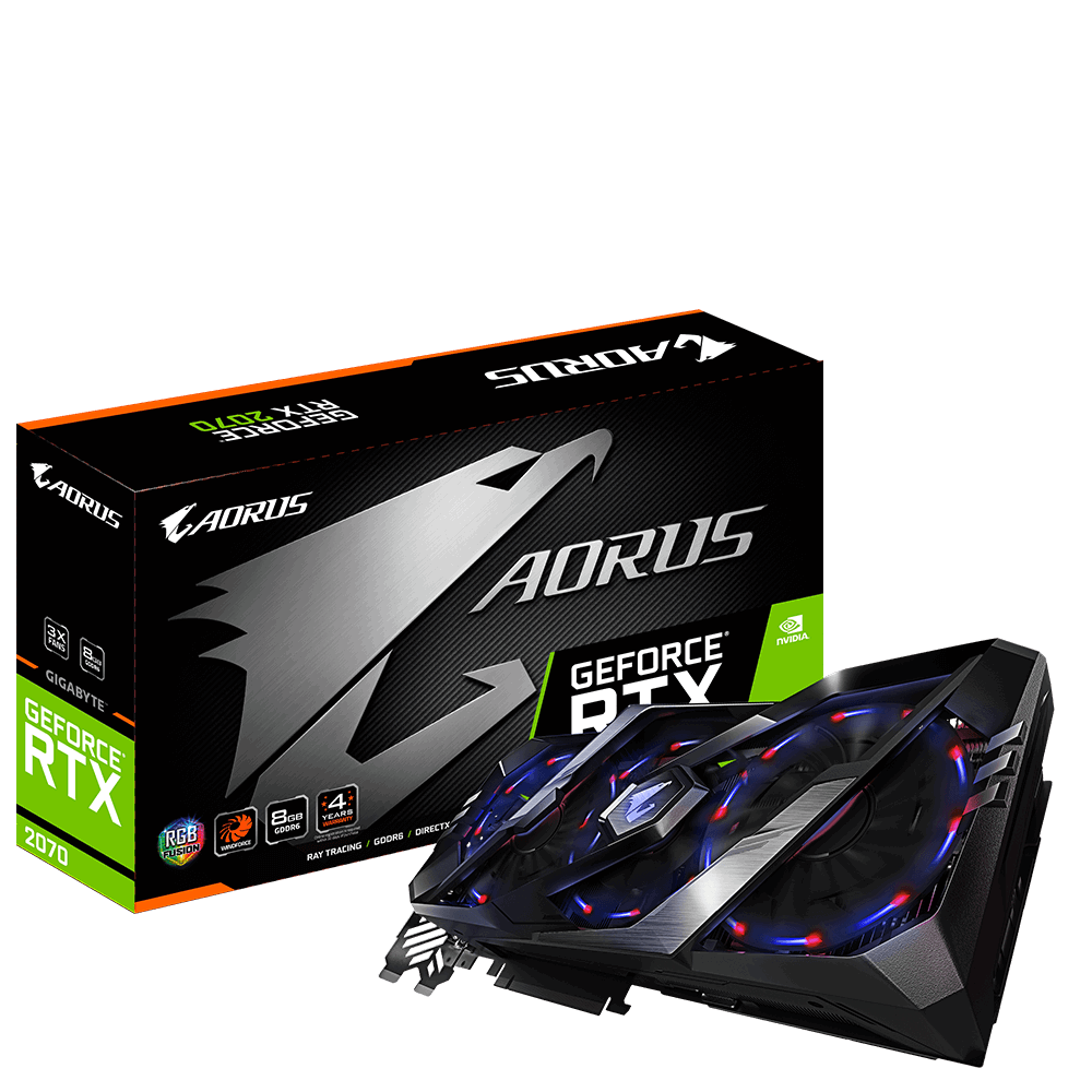 купить Видеокарта, Gigabyte, RTX2070 AORUS 8G (GV-N2070AORUS-8GC) 4719331303754, GDDR6, 256bit, USB-C, HDMI, 3-DP, Windforce 3X Fan, Цветная коробка в Алматы