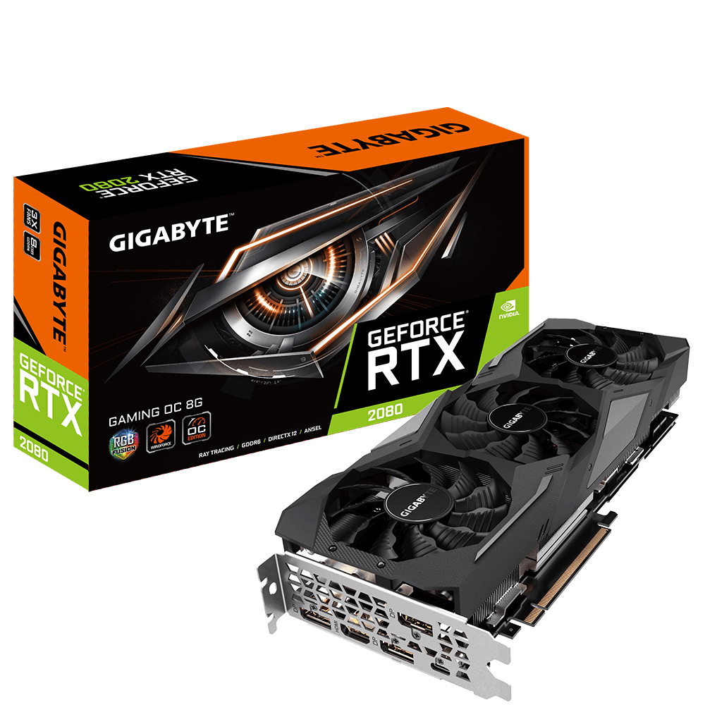 купить Видеокарта, Gigabyte, RTX2080 GAMING OC 8G (GV-N2080GAMING OC-8GC) 4719331303594, GDDR6, 256bit, USB-C, HDMI, 3-DP, Windforce 3X Fan, RGB, Цветная коробка в Алматы