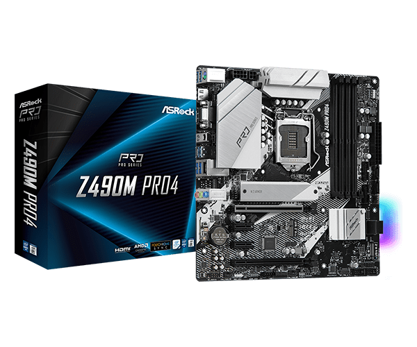 купить Материнская плата ASRock Z490M PRO4 LGA1200 4xDDR4 4xSATA RAID 2xUM.2 D-Sub HDMI DP mATX в Алматы
