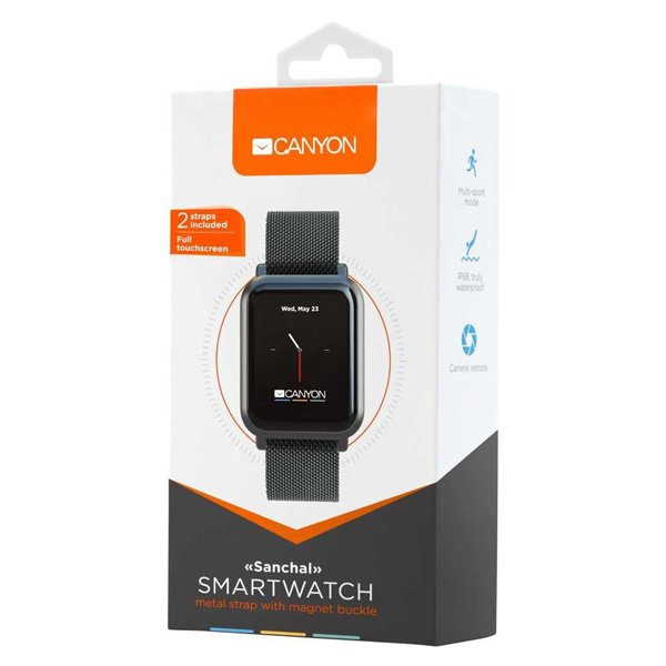 купить CANYON Sanchal SW-73 Smart watch, 1.22inch IPS full touch, 6H Glass,2 straps, metal strap and silicon strap, metal case, IP68 waterproof, multisport mode, camera remote, 150mAh, compatibility with iOS and android, Black, host: 42*35*11.4mm, belt: 222 в Алматы