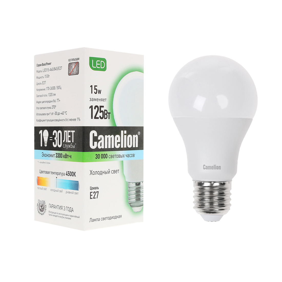 купить Эл. лампа светодиодная, Camelion, LED15-A60/845/E27, Мощность 15Вт, Тип колбы А60, Цвет. температура 4500К, Цоколь E27, Холодный в Алматы