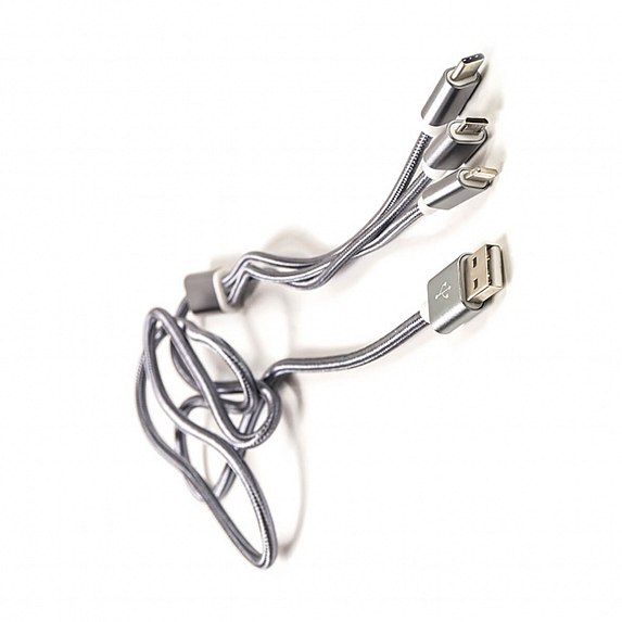 купить Кабель PowerPlant 2.1A 3-в-1 USB AM - Type-C/Lightning/Micro, 1.2м, серый в Алматы