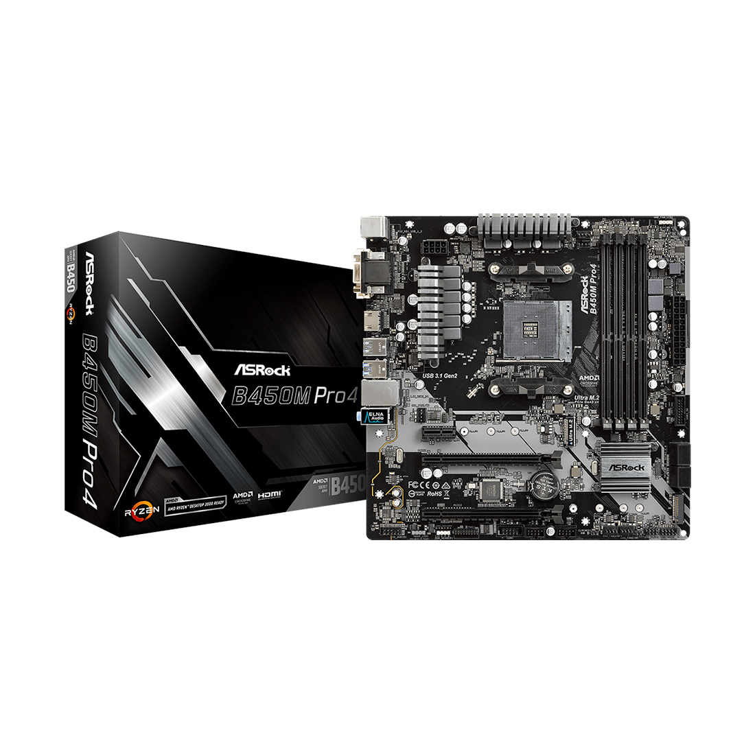 купить Материнская плата ASRock B450M PRO4 Socket AM4, B450, 4xDDR4 (3200+), 4xSATA3 RAID, 1xUltraM.2, 1xM.2, 2xPCI-E3.0x16, 2xPCI-E2.0x16 Supports AMD Quad CrossFireX™ and CrossFireX™, 1xD-Sub, 1xDVI, 1xHDMI, 2xUSB2.0, 6xUSB3.1, 1xPS/2, RJ-45, HD Audio Jac в Алматы