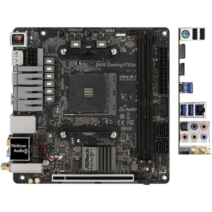 купить Материнская плата ASRock B450 GAMING-ITX/AC AM4 2xDDR4 4xSATA3 M.2 HDMI DP M-ITX в Алматы
