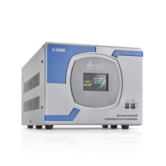 купить Стабилизатор (AVR), SVC, S-12000, Мощность 12кВА/10кВт, Сервоприводный, LCD-дисплей, Диапазон работы AVR: 140-260В, Клеммная колодка, Серо-синий в Алматы