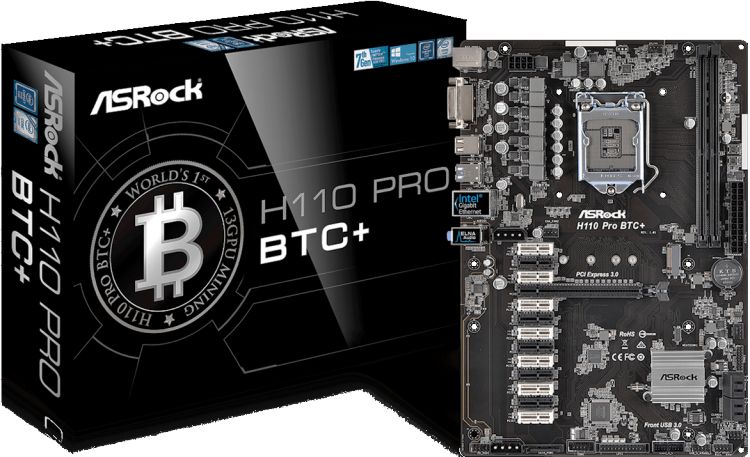 купить Материнская плата ASRock H110 PRO BTC+ LGA1151 iH110 2DDR4 4xSATA3 1xM.2 1 PCIe 3.0 x16, 12 PCIe 2.0 x1, 1xPS/2 для клавиатуры 1xPS/2 для мышки 2xUSB3.0 4xUSB2.0 1xDVI  1xLAN (RJ-45) 3 х Аудио разъема ATX BOX. ПРЕДНАЗНАЧЕНА ПРОФЕССИОНАЛЬНЫХ МАЙНЕРОВ  в Алматы