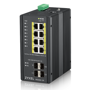 купить Промышленный L2 PoE+ коммутатор Zyxel RGS200-12P, 8xGE PoE+, 4xSFP, крепление на стену/DIN-рейку, IP30, два источника питания DC, бюджет PoE 240 Вт в Алматы