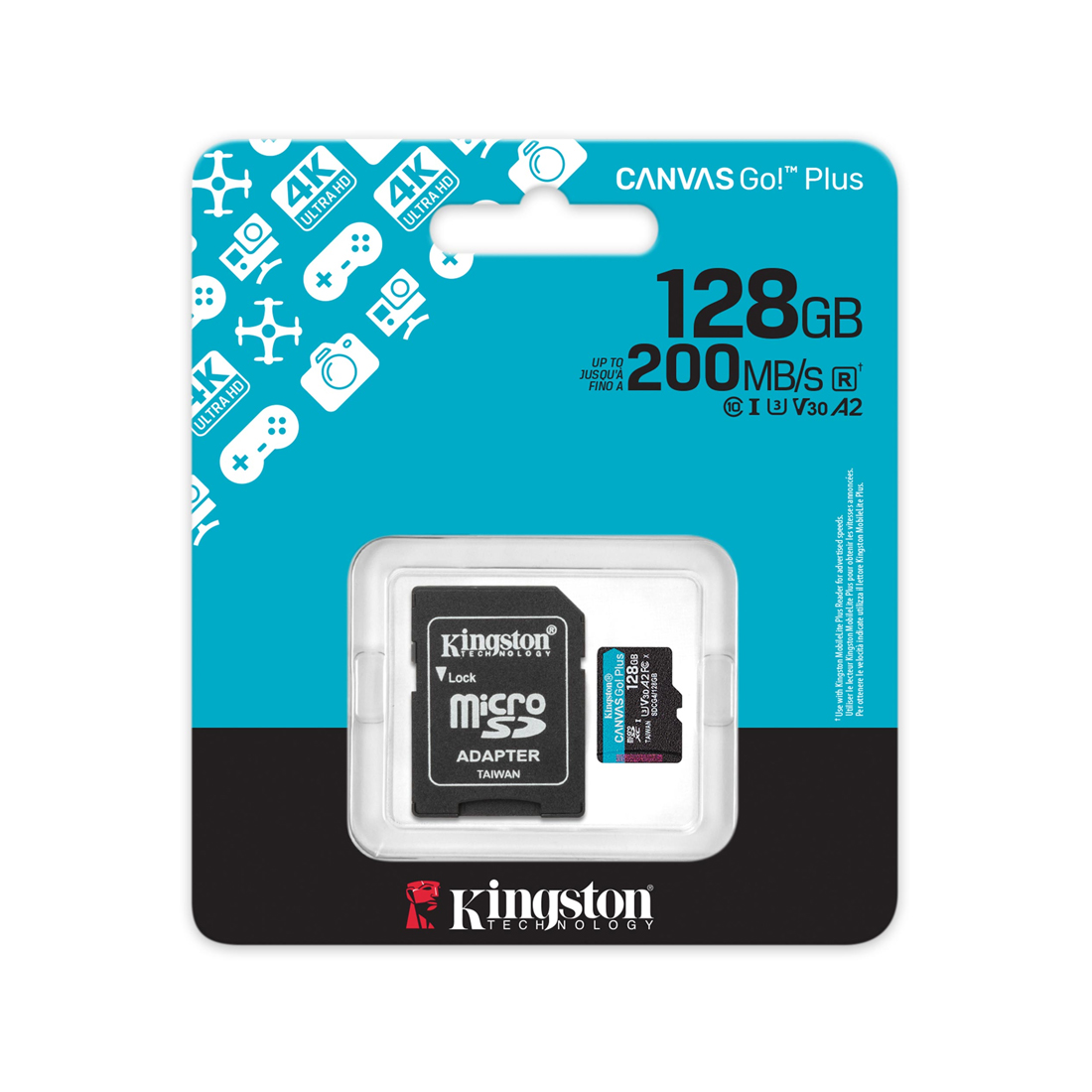 Купить Карта памяти Micro SDXC 128GB Kingston Canvas Go Plus, Class 10 UHS-I U3 V30 A2, 200 Мб, адаптер SDCG4/128GB в Алматы