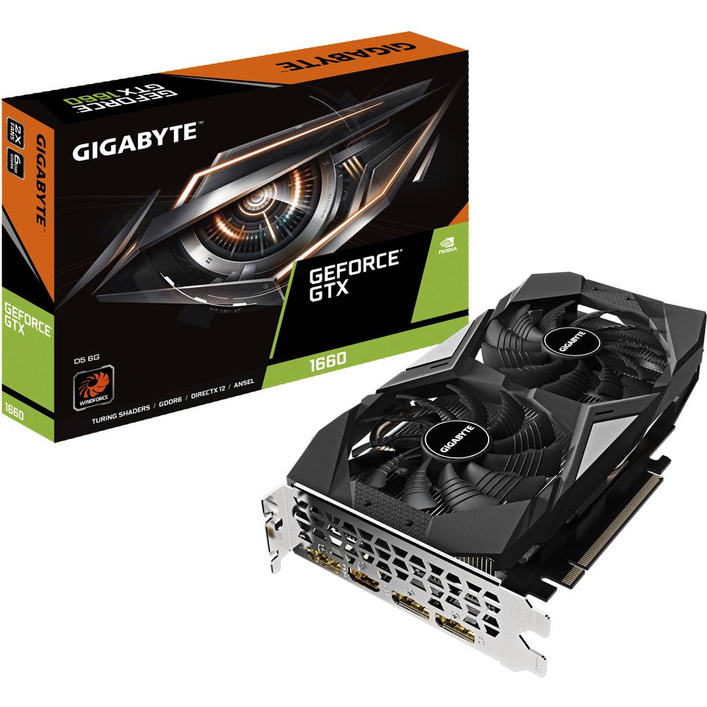 купить Видеокарта, Gigabyte, GTX1660 D5 6G (GV-N1660D5-6GD) 4719331304744, GDDR5, 192bit, HDMI, 3*DP, Windforce 2X Fan, Цветная коробка в Алматы