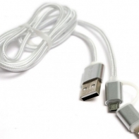 купить Kабель PowerPlant Quick Charge 2A 2-в-1 cotton USB 2.0 AM &ndash; Lightning/Micro 1м&nbsp;grey в Алматы фото 1