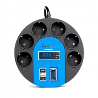 купить Сетевой фильтр, SVC, UFO G-4006-3BB, 220В, 6 вых.: Shuko CEE7, 3 м., USB-порт 2*5В/1А, Защита от перегрузок, Автоматическое отключение при нагрузке больше 10A, АС фильтрация 1100 Дж., Чёрно-Синий в Алматы фото 1