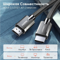 купить Кабель Ugreen HD135 HDMI M/M Round Cable Zinc Alloy Shell Braided, 3m, Gray, 80602 в Алматы фото 2