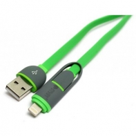 купить Kабель PowerPlant Quick Charge 2A 2-в-1 flat USB 2.0 AM &ndash; Lightning/Micro 1м&nbsp;green в Алматы фото 1