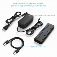 купить USB Хаб ORICO P12-U3-EU-BK <USB3.0x12, DC, 1M, ON/OFF кнопка, 176*52*22mm, BLACK> в Алматы фото 2