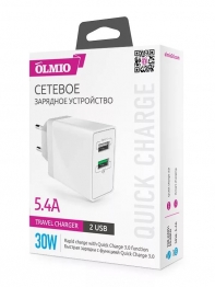 купить Сетевое зарядное устройство OLMIO 2USB, QC3.0+Smart IC, 30W в Алматы фото 1
